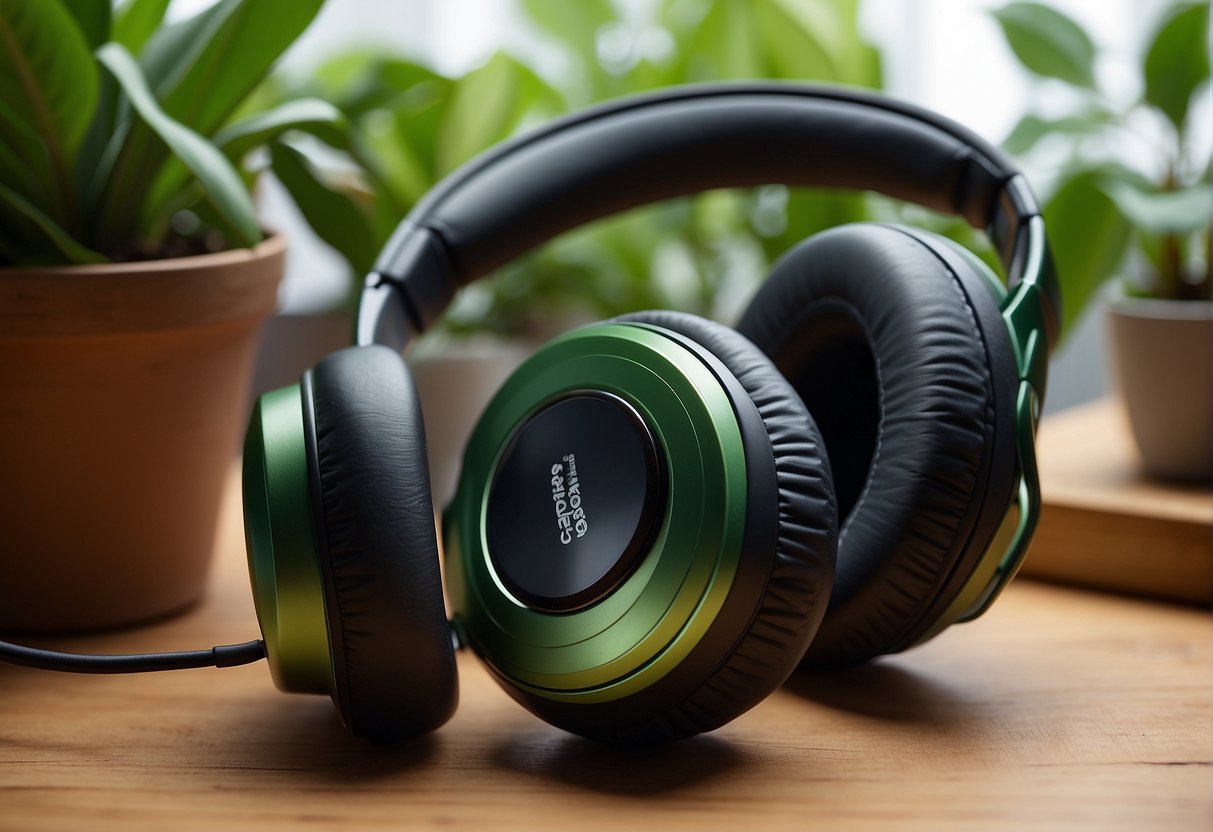 A pair of sleek, eco-friendly headphones sits atop a wooden table, surrounded by vibrant green potted plants. A banner above the headphones proudly displays the words "Sustainable Choices in Audio Experience" in bold lettering