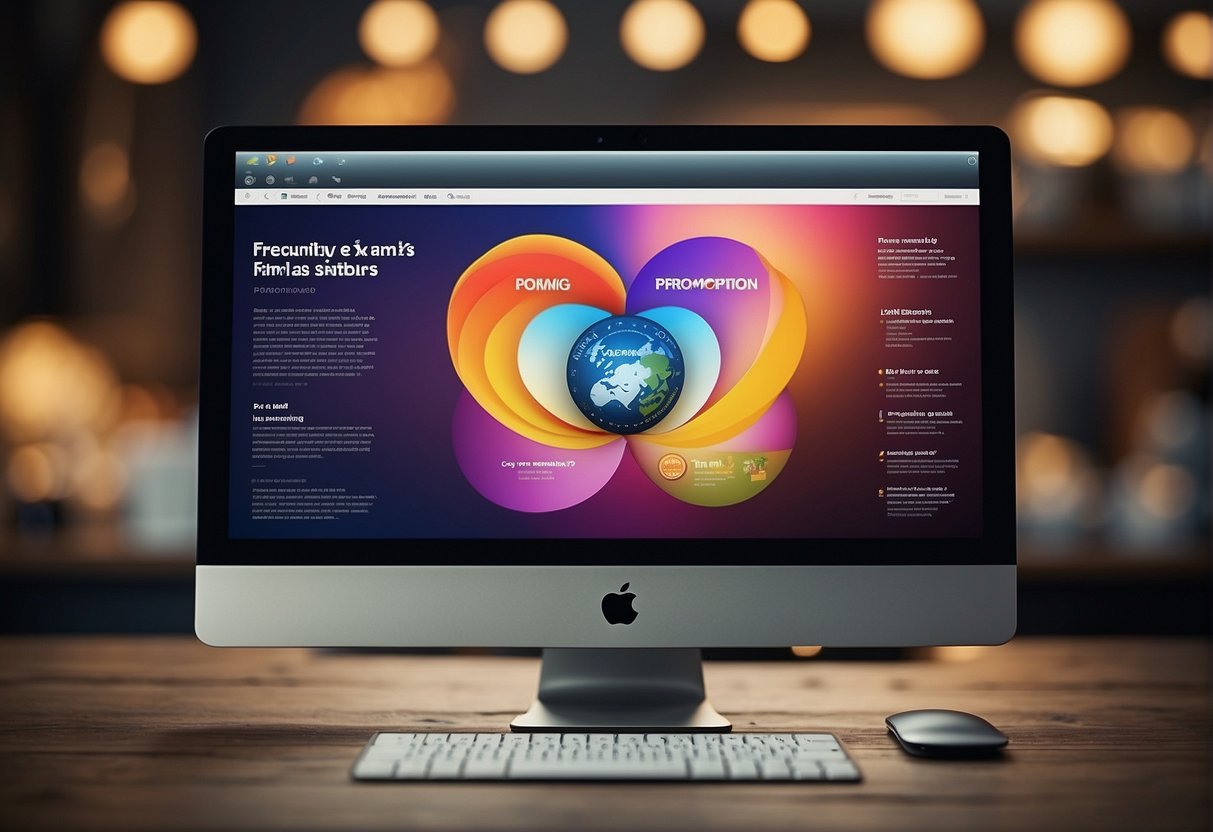 A computer screen displaying a webpage with the title "Frequently Asked Questions imac promotions Singapore" surrounded by promotional graphics and text