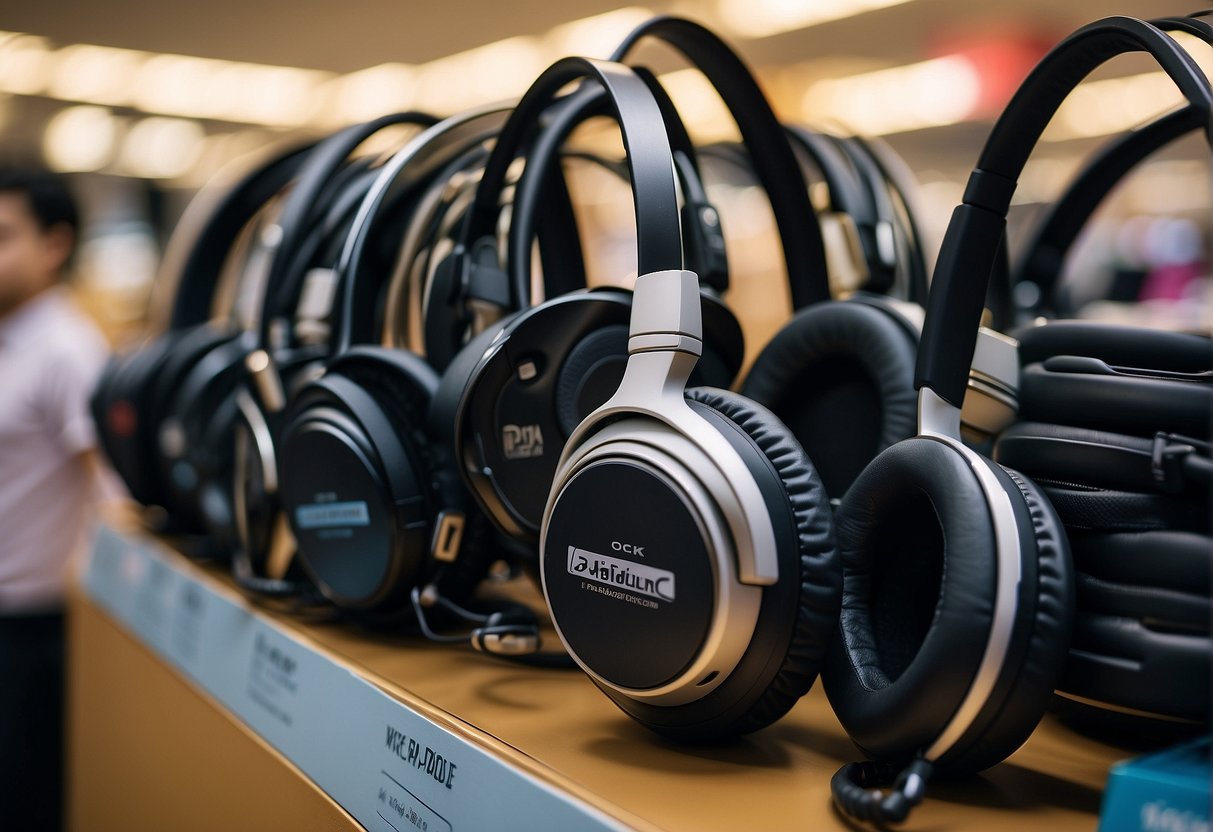 A stack of headphones with promotional signage in a bustling Singapore electronics store