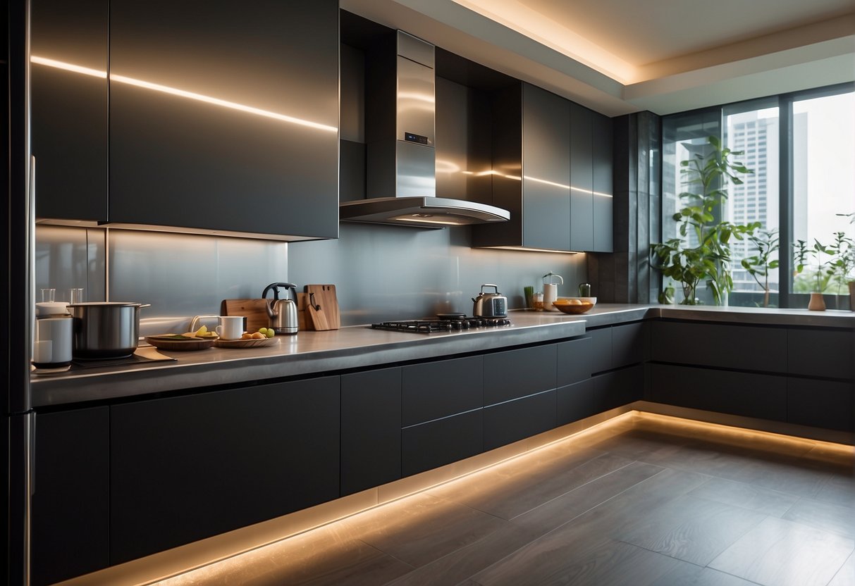 A sleek, modern kitchen with a prominent Air Purification Technologies hood and hob, showcasing their promotional products in Singapore