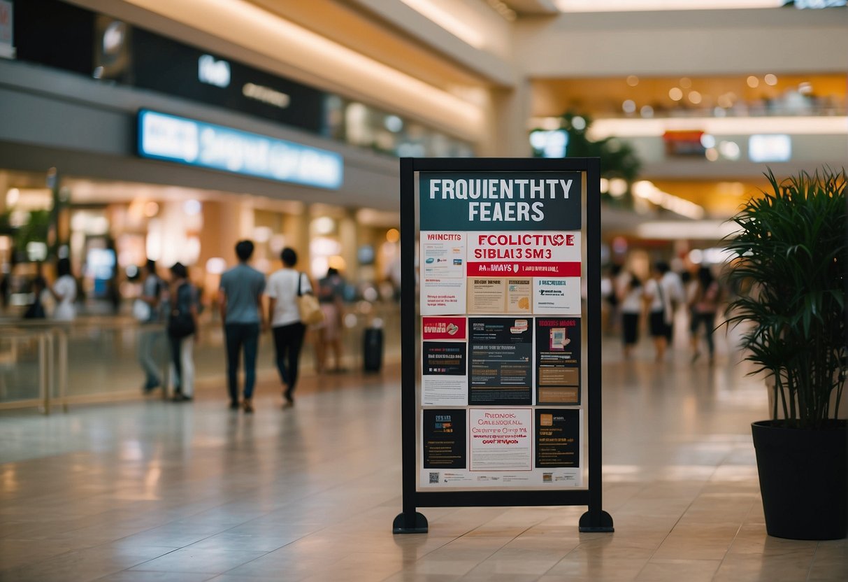 A stack of promotional flyers and a "Frequently Asked Questions" sign displayed in a bustling Singaporean shopping mall
