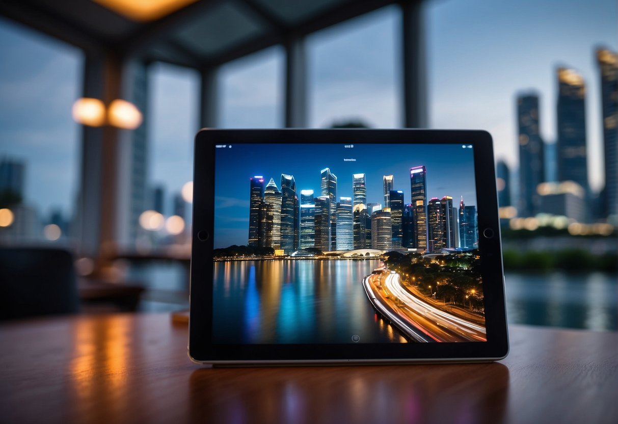 An iPad displayed on a sleek, modern table with the Singapore skyline in the background. Bright, vibrant colors and a sense of excitement and innovation