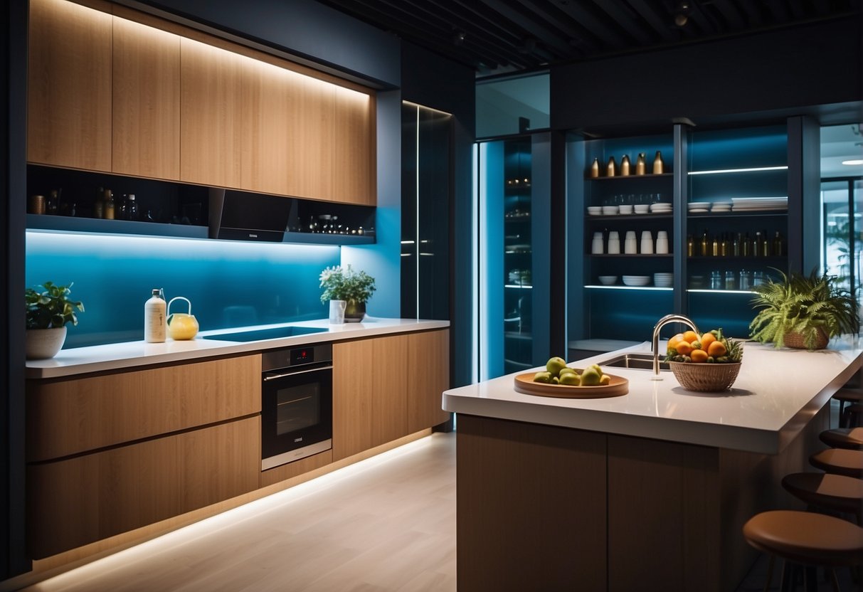 A kitchen cabinet showroom in Singapore displays promotional items with bright lighting and sleek designs