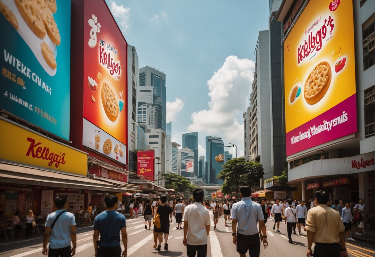 A bustling city street with colorful billboards and signs promoting Kellogg's products in Singapore. The sun is shining, and people are going about their day, passing by the vibrant advertisements
