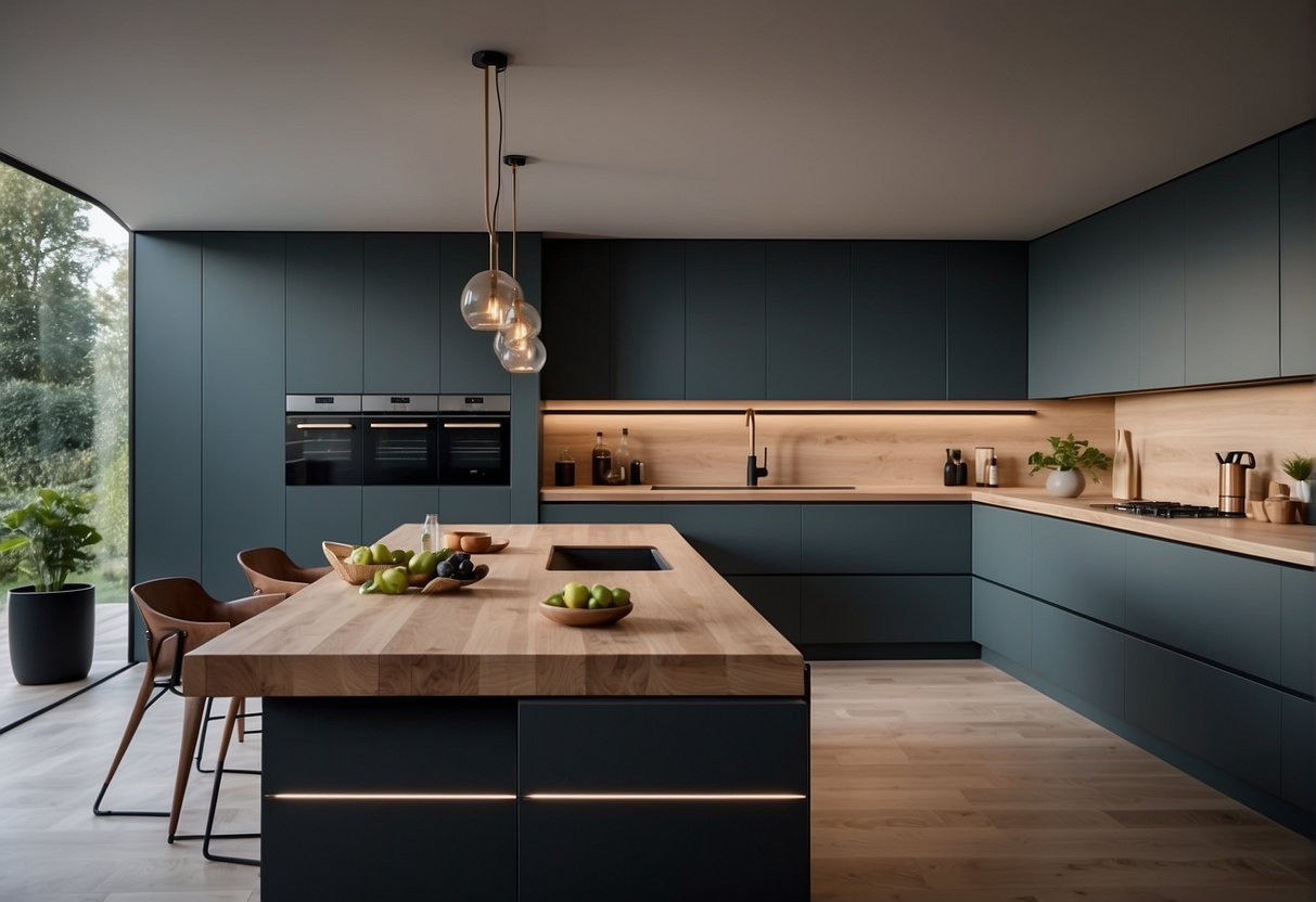 A modern kitchen with sleek, handle-less cabinets in various colors and finishes. The cabinets are arranged in a stylish and functional layout, showcasing the latest in kitchen cabinet designs