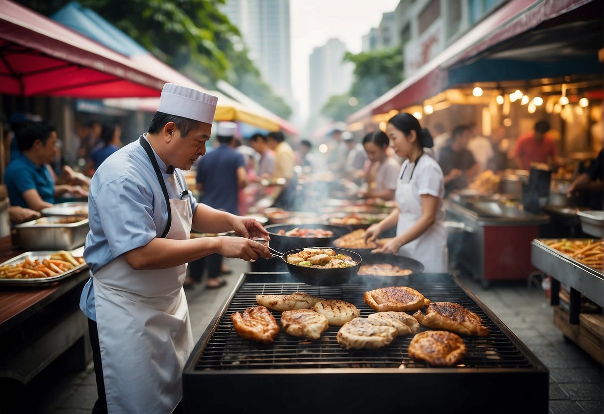 A bustling street market with colorful banners advertising Korean food promotions in Singapore. A chef grilling meat on a sizzling barbecue, while customers line up to sample traditional dishes