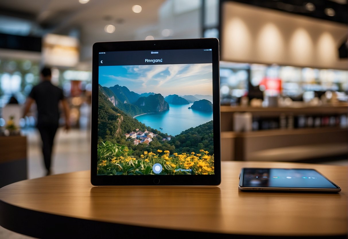 A sleek iPad displayed with vibrant promotions in a bustling Singapore store