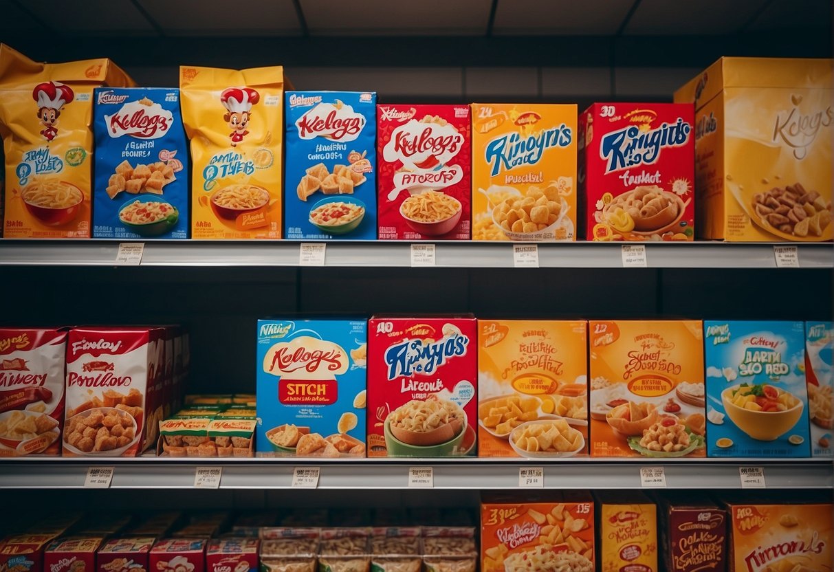 A colorful display of Kellogg's products with promotional signs in a Singaporean supermarket
