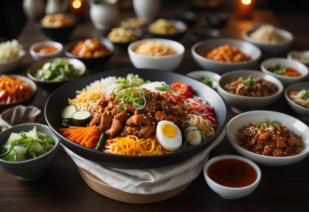 A table filled with colorful Korean dishes, surrounded by promotional banners and signs
