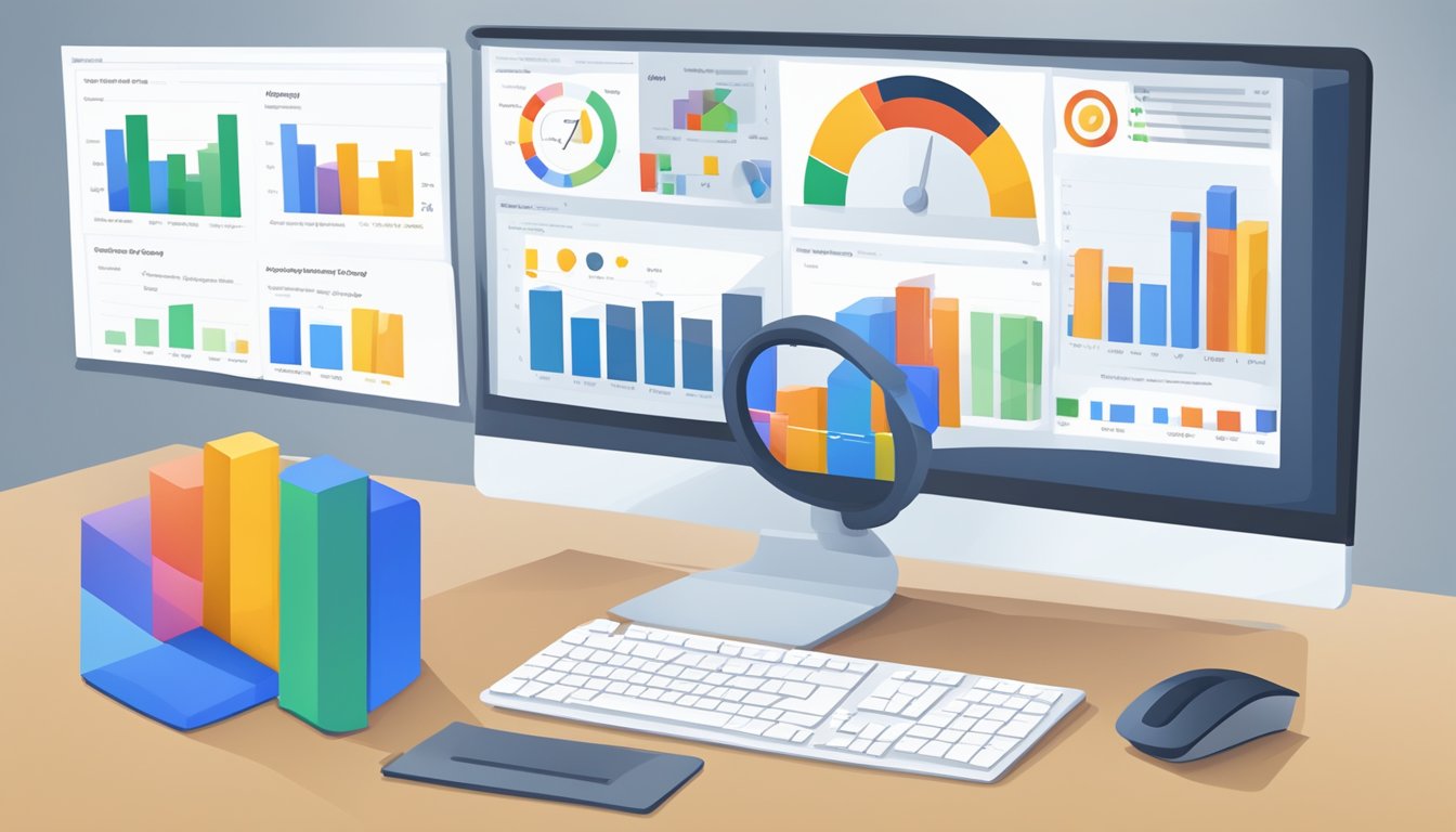 Google WebmasterTool analysis and optimization. Data displayed on computer screen. Graphs, charts, and metrics. Mouse clicking and keyboard typing