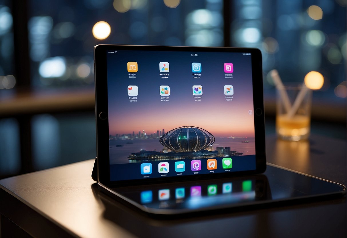 An iPad surrounded by futuristic data plans and tech perks, with sleek Singaporean architecture in the background