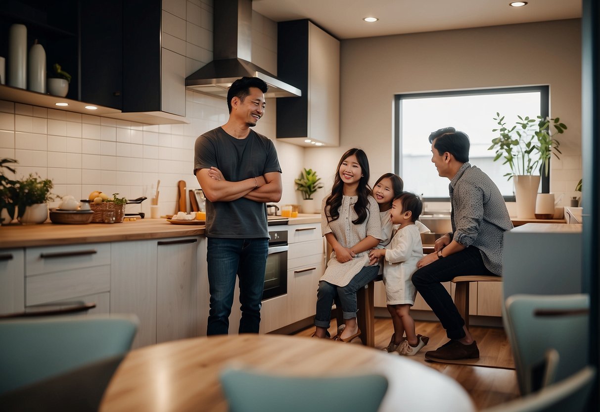 A family happily gathers around their newly renovated kitchen, featuring stylish and affordable cabinets from a Singaporean promotion