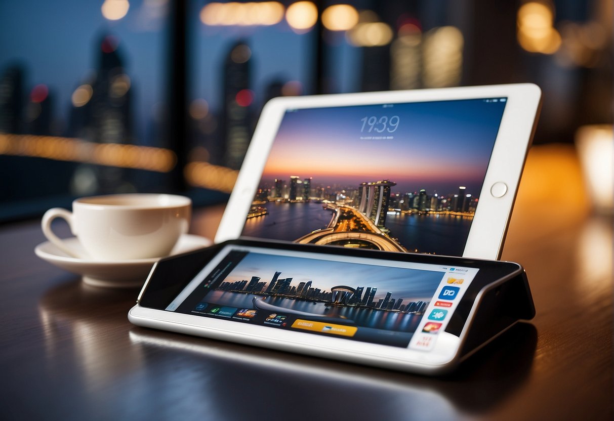 An iPad surrounded by promotional materials and a Singaporean backdrop