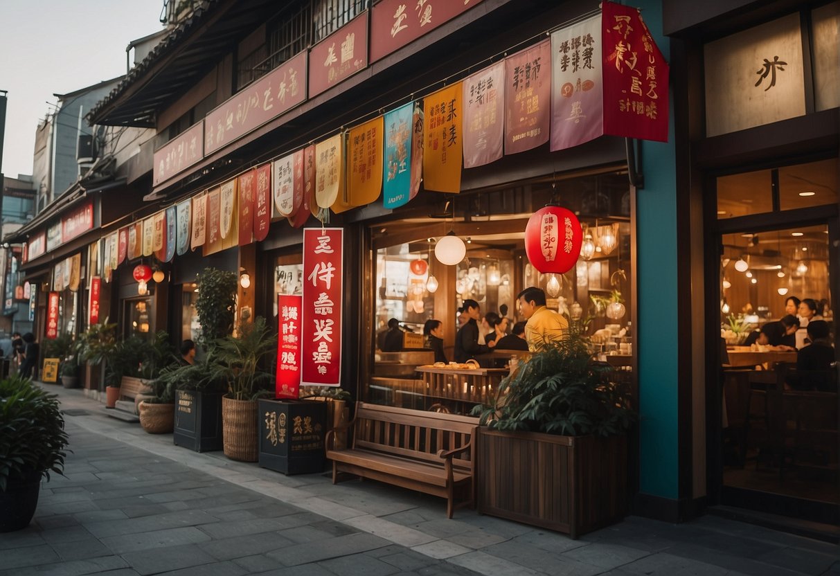 Vibrant banners adorn the facades of upscale Korean restaurants, showcasing enticing promotions and discounts. Patrons eagerly line up outside, drawn by the promise of exclusive dining experiences