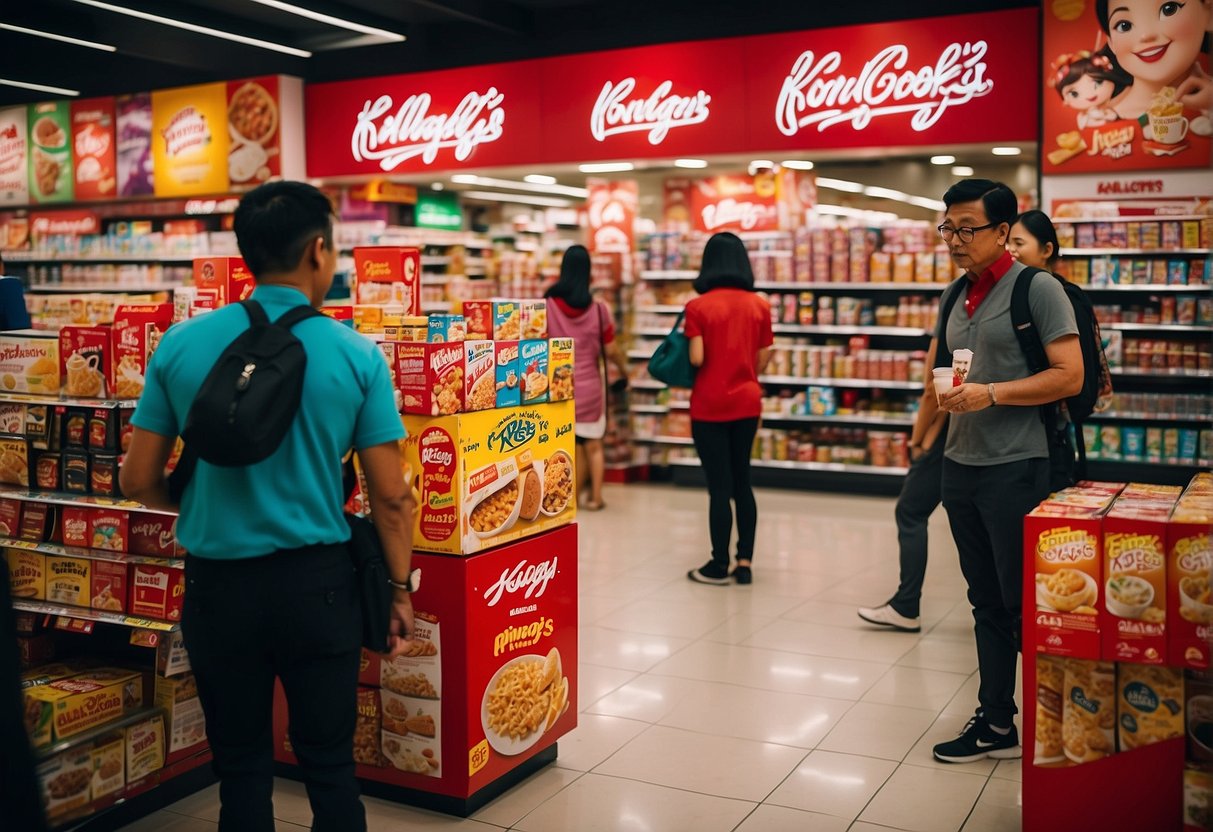 A colorful display of Kellogg's products with promotional signage, surrounded by curious customers in a bustling Singapore grocery store