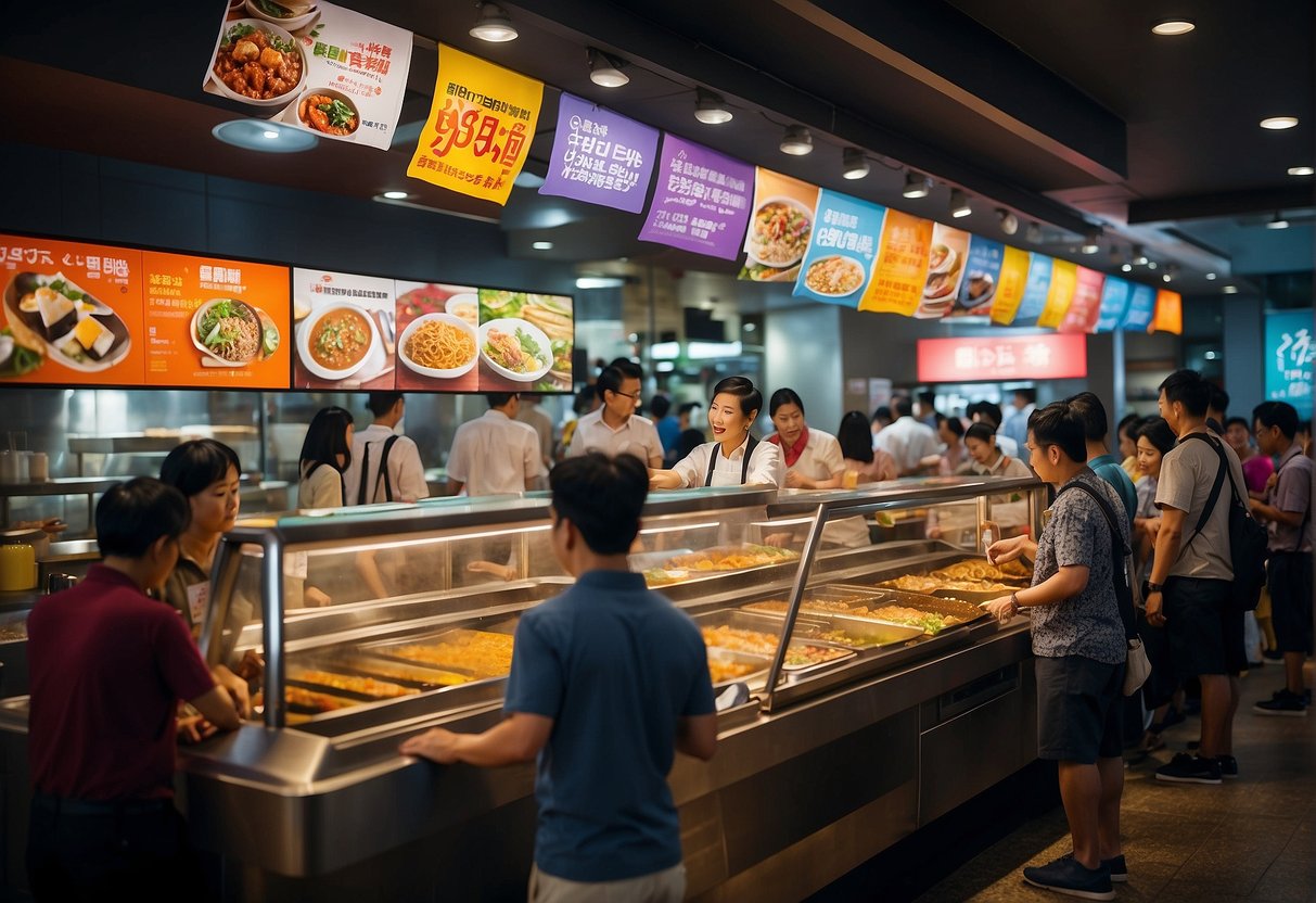 A bustling Korean food promotion in Singapore, with colorful banners and enticing displays. Customers line up to sample traditional dishes and ask questions