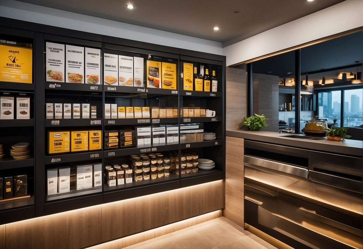 A kitchen cabinet display with promotional signs and brochures in a Singapore showroom