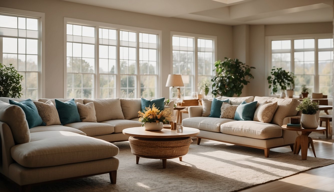 A bright, spacious living room with natural light streaming in through large windows. The furniture is perfectly arranged, and the colors are enhanced to make the space feel warm and inviting