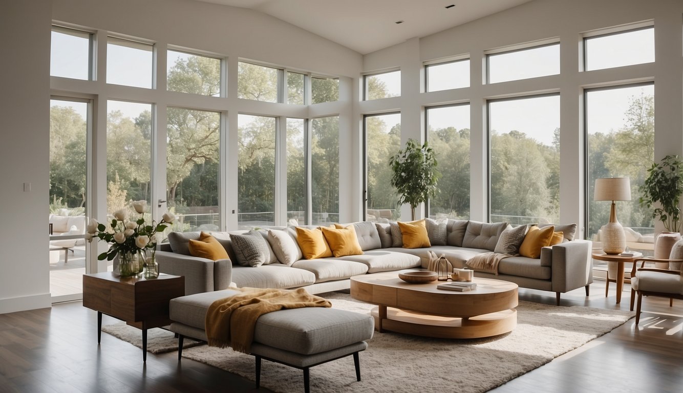 A bright, spacious living room with natural light streaming in through large windows, highlighting the clean lines and modern furnishings
