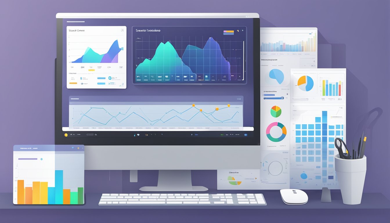 A computer screen displays the search console interface with various data visualizations and graphs. A keyboard and mouse are positioned in front of the screen