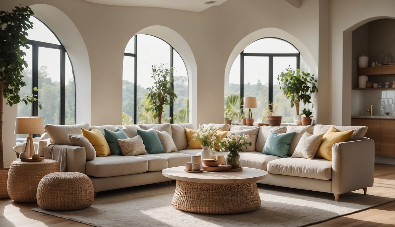 A bright, spacious living room with natural light streaming in through large windows. The furniture is tastefully arranged, and the room is impeccably clean and clutter-free. The colors are warm and inviting, creating a cozy atmosphere