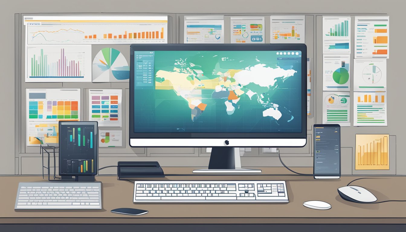 A computer screen displaying the Grunnleggende Konsepter searchconsole with various data and charts, surrounded by a desk with a keyboard and mouse