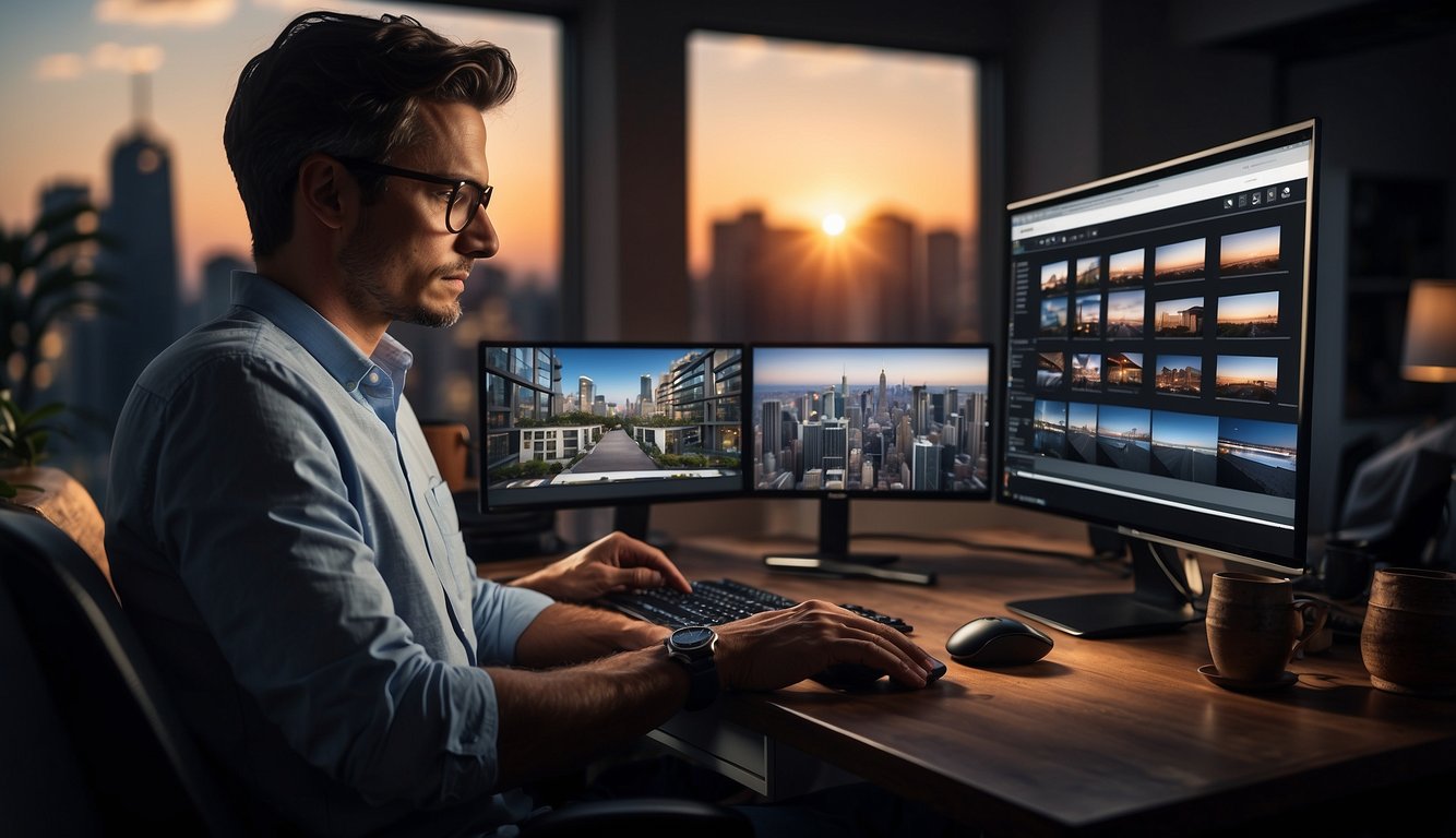 A photographer editing real estate photos on a computer, with before and after images displayed on the screen
