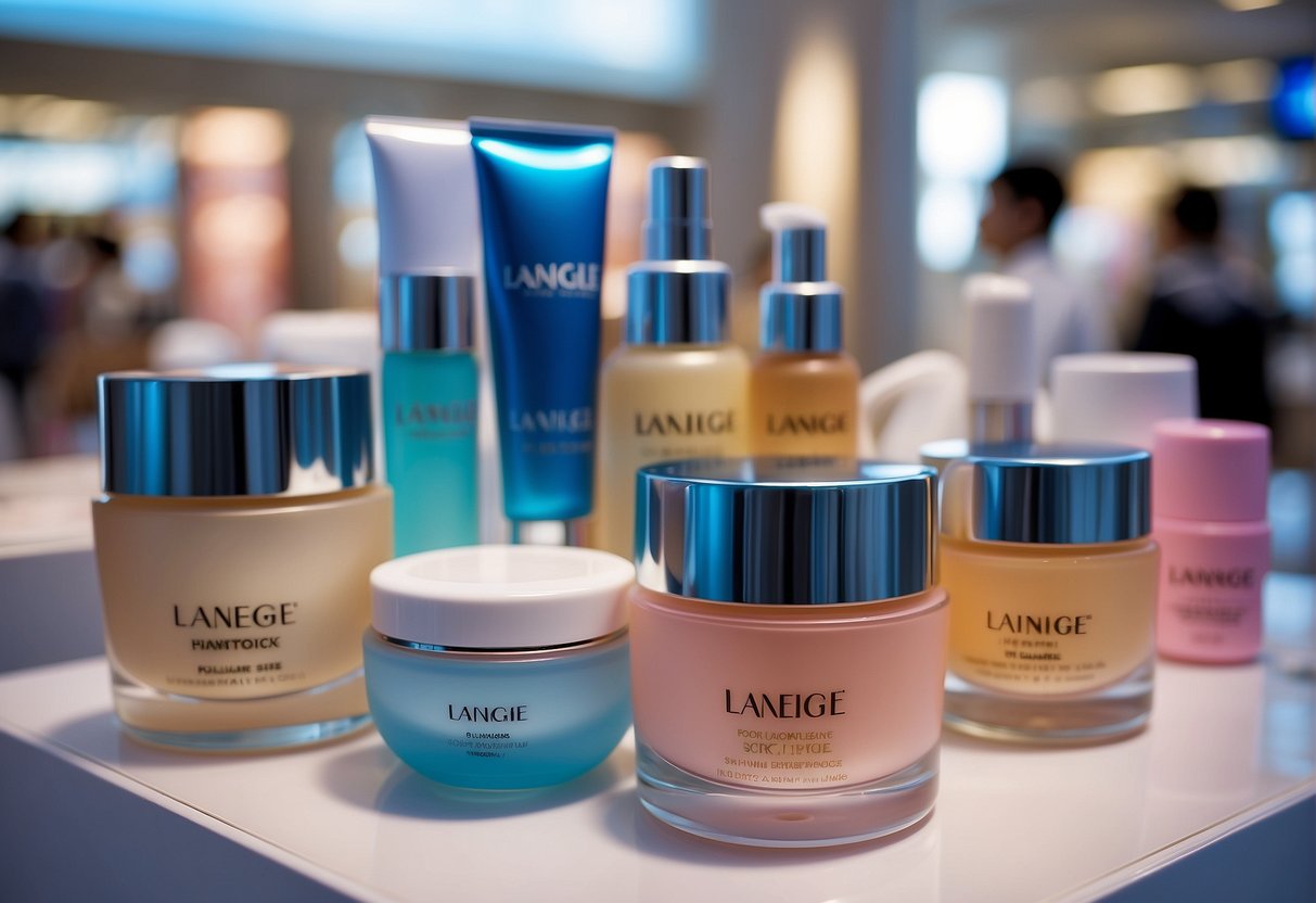 A colorful display of Laneige skincare products at a bustling Singapore mall, with promotional signs and samples