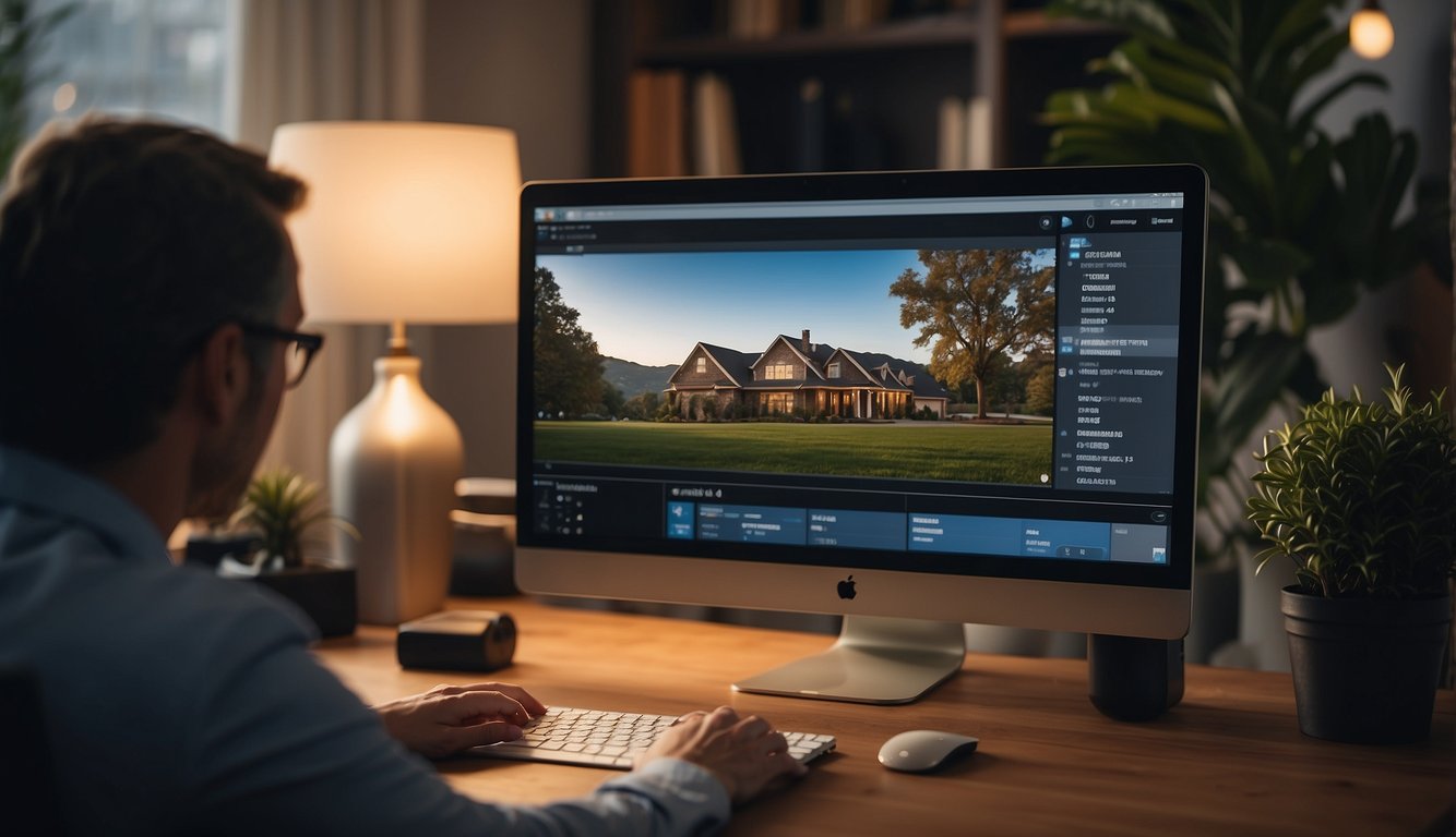 A real estate agent edits property photos on a computer, ensuring legal and ethical standards are met