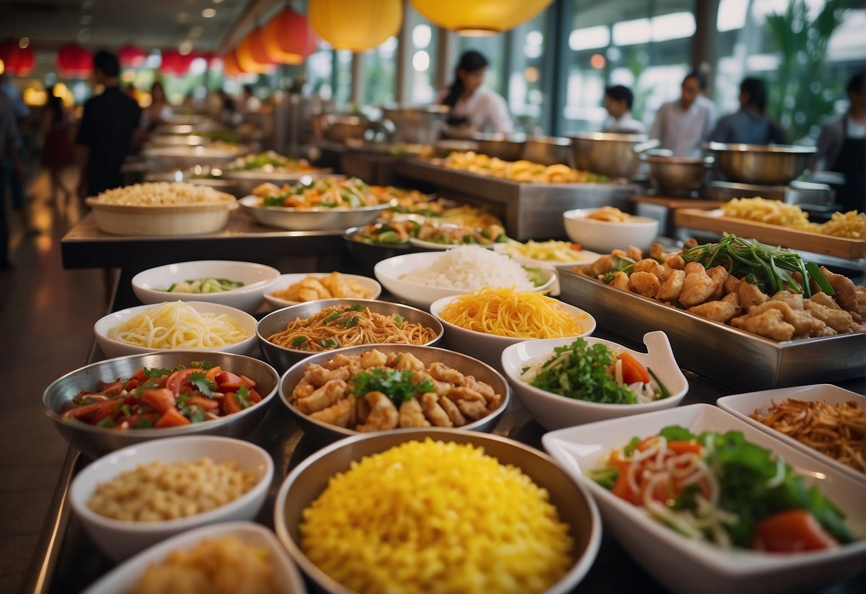 A vibrant display of Asian and international dishes at a Singaporean lunch buffet promotion. Colorful signage and a bustling atmosphere add to the inviting scene