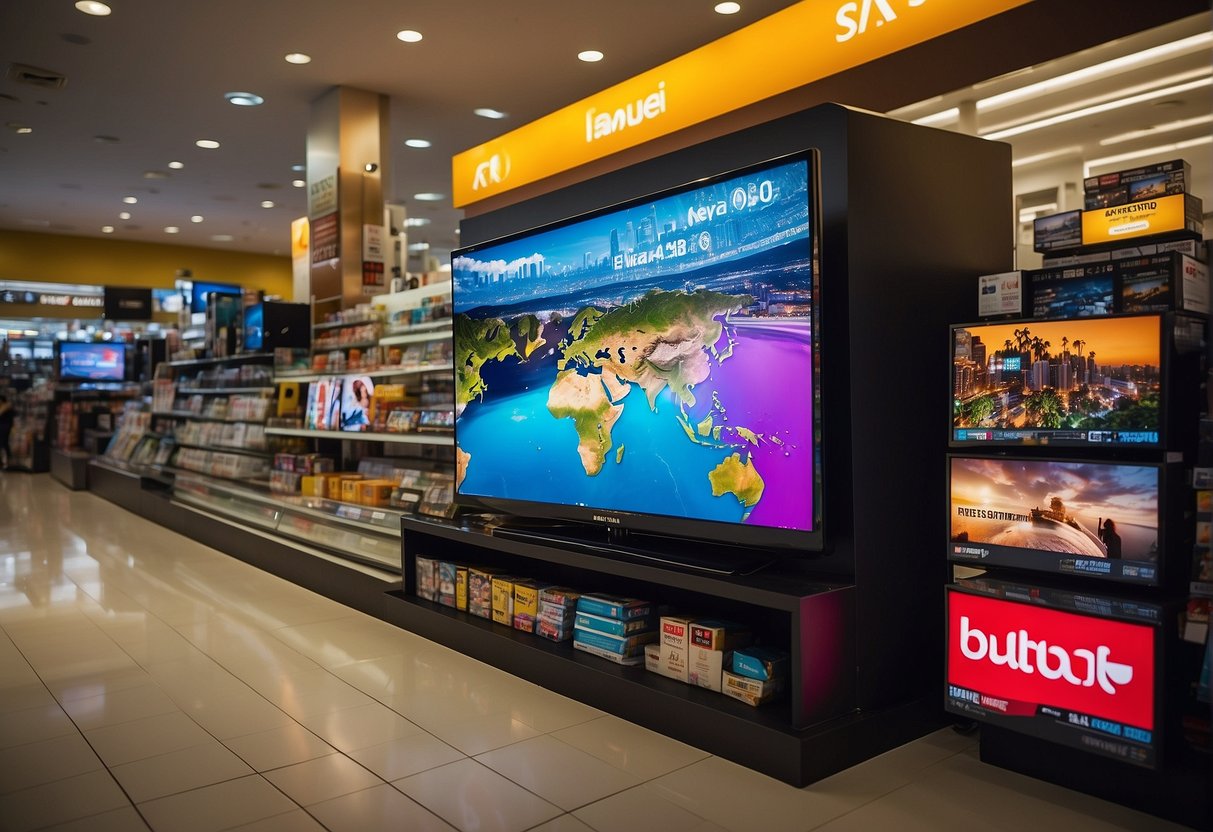 A vibrant LED TV display surrounded by promotional signs in a busy Singapore electronics store