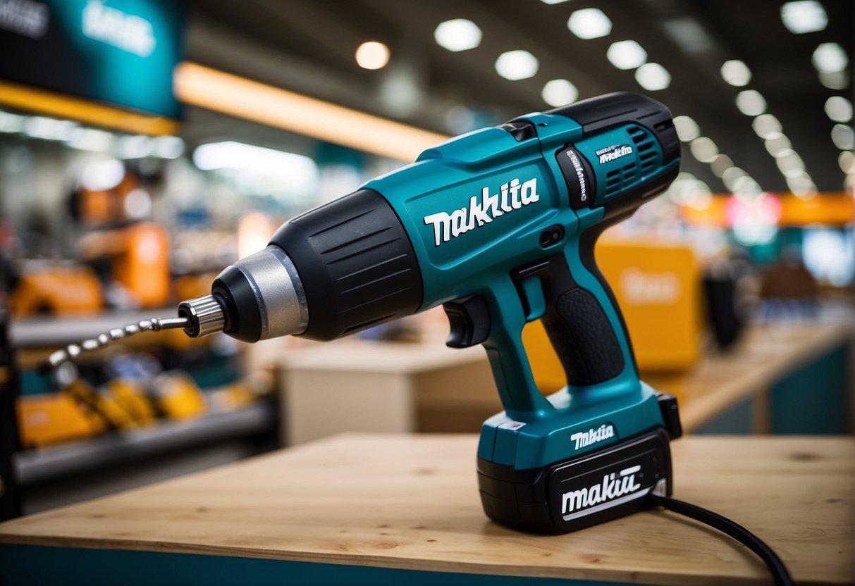 A vibrant Makita promotions display in a bustling Singapore market, with power tools and equipment showcased against a backdrop of city lights