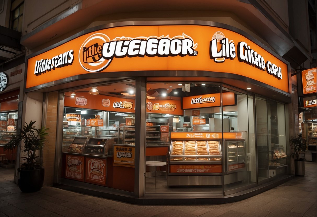 The Little Caesars logo displayed prominently with various promotional materials and signage in a bustling Singapore location