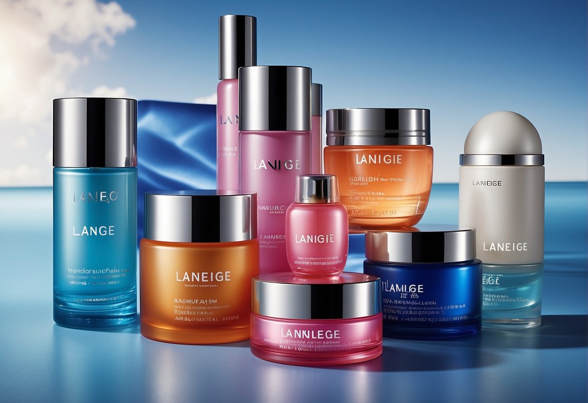 A vibrant display of Laneige products with 2024 promotions, featuring bold colors and eye-catching graphics