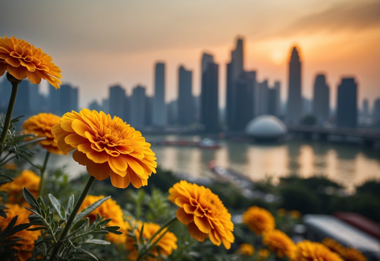 A vibrant marigold blooms against a backdrop of iconic Singaporean landmarks, with the city skyline in the distance