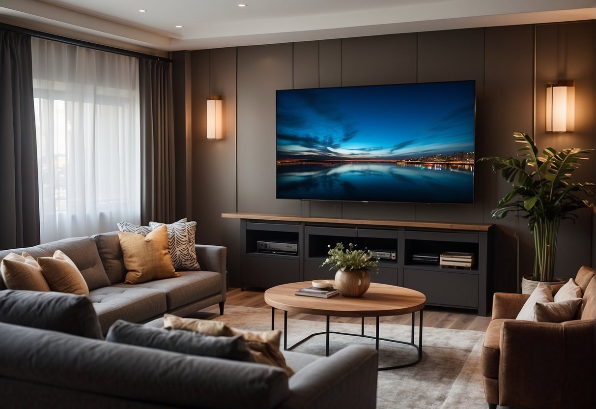 A family room with a sleek 4K TV on the wall, surrounded by comfortable seating and ambient lighting. The TV screen displays vibrant colors and sharp images, creating an immersive home entertainment experience