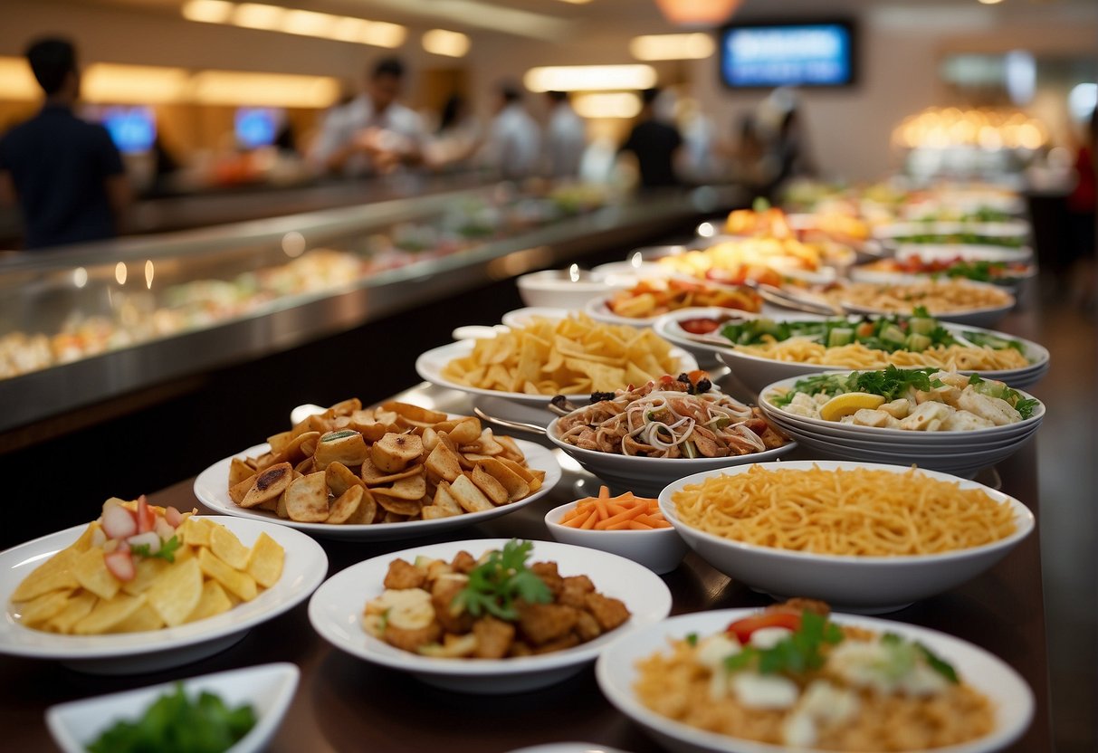A colorful array of dishes and beverages are displayed on a long buffet table, with signs promoting the latest lunch buffet promotions for 2024 in Singapore