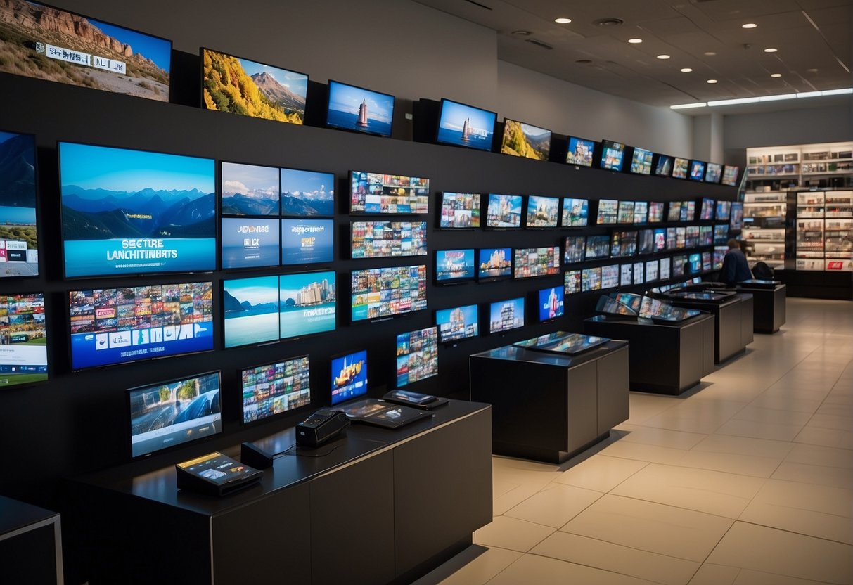 A crowded electronics store with bright, large Smart TVs on display, surrounded by promotional signs and eager customers