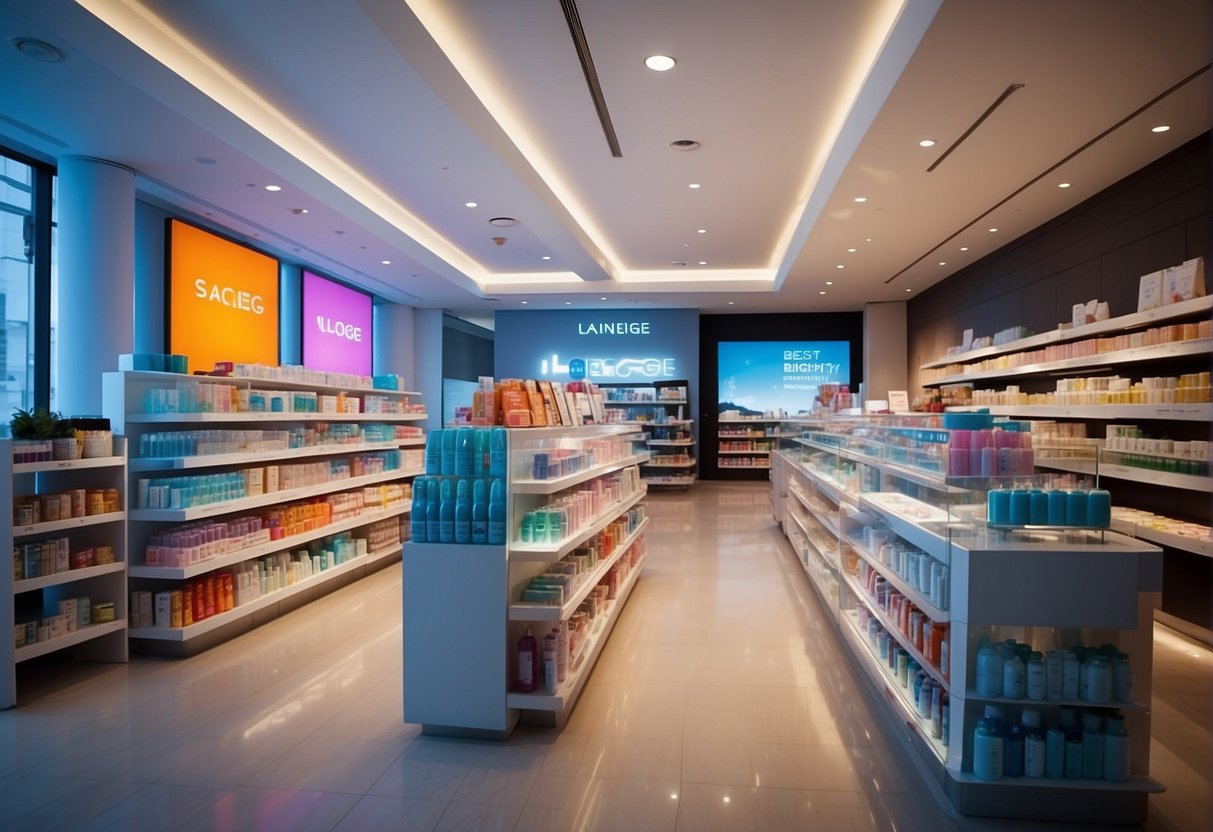 Laneige's Best Deals: Brightly lit store with colorful banners, showcasing various skincare products. Customers browsing shelves and engaging with staff
