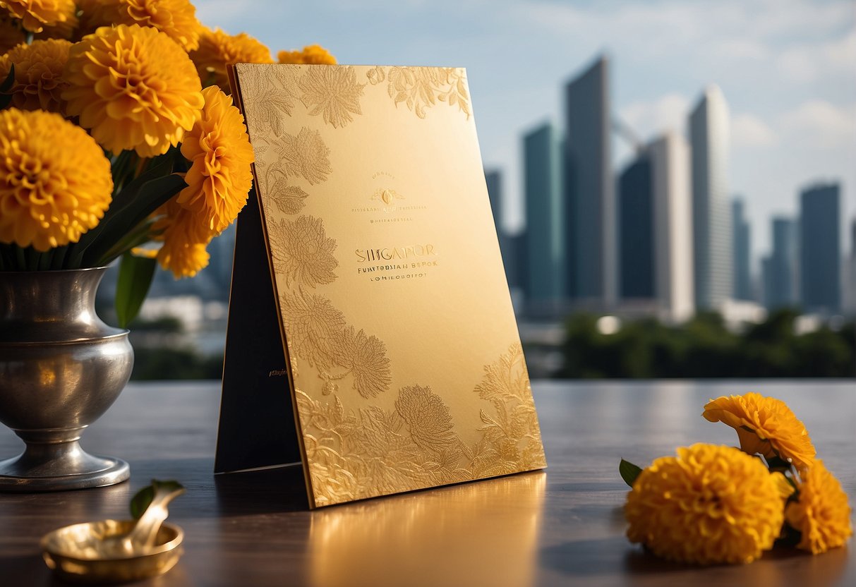 A luxurious event brochure featuring gold accents and elegant typography, surrounded by a backdrop of marigold flowers and a Singapore skyline