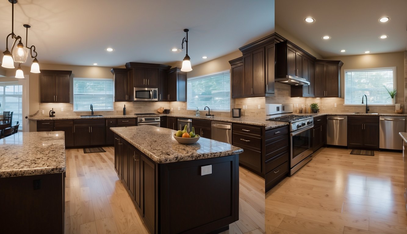 A before-and-after comparison of a real estate photo, showcasing improved lighting, color correction, and enhanced details