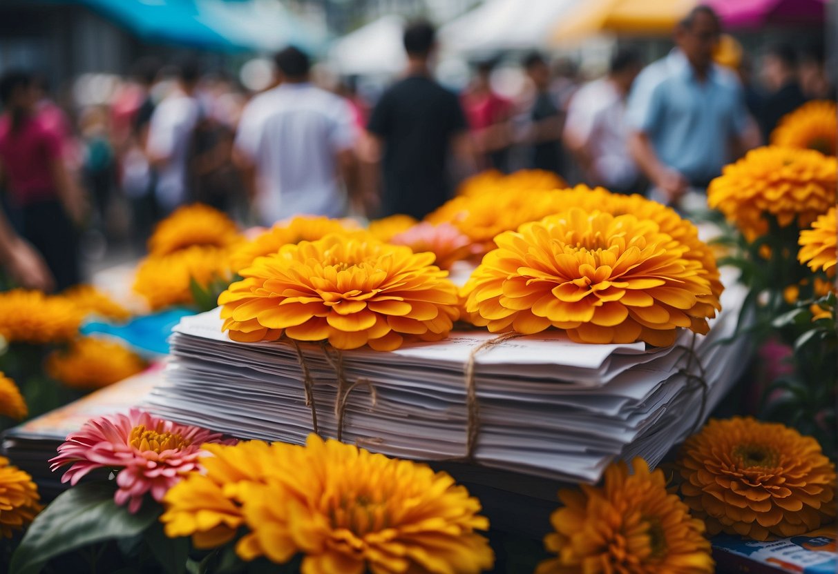 A vibrant marigold flower sits atop a stack of promotional materials, surrounded by colorful banners and a busy crowd at a Singaporean event