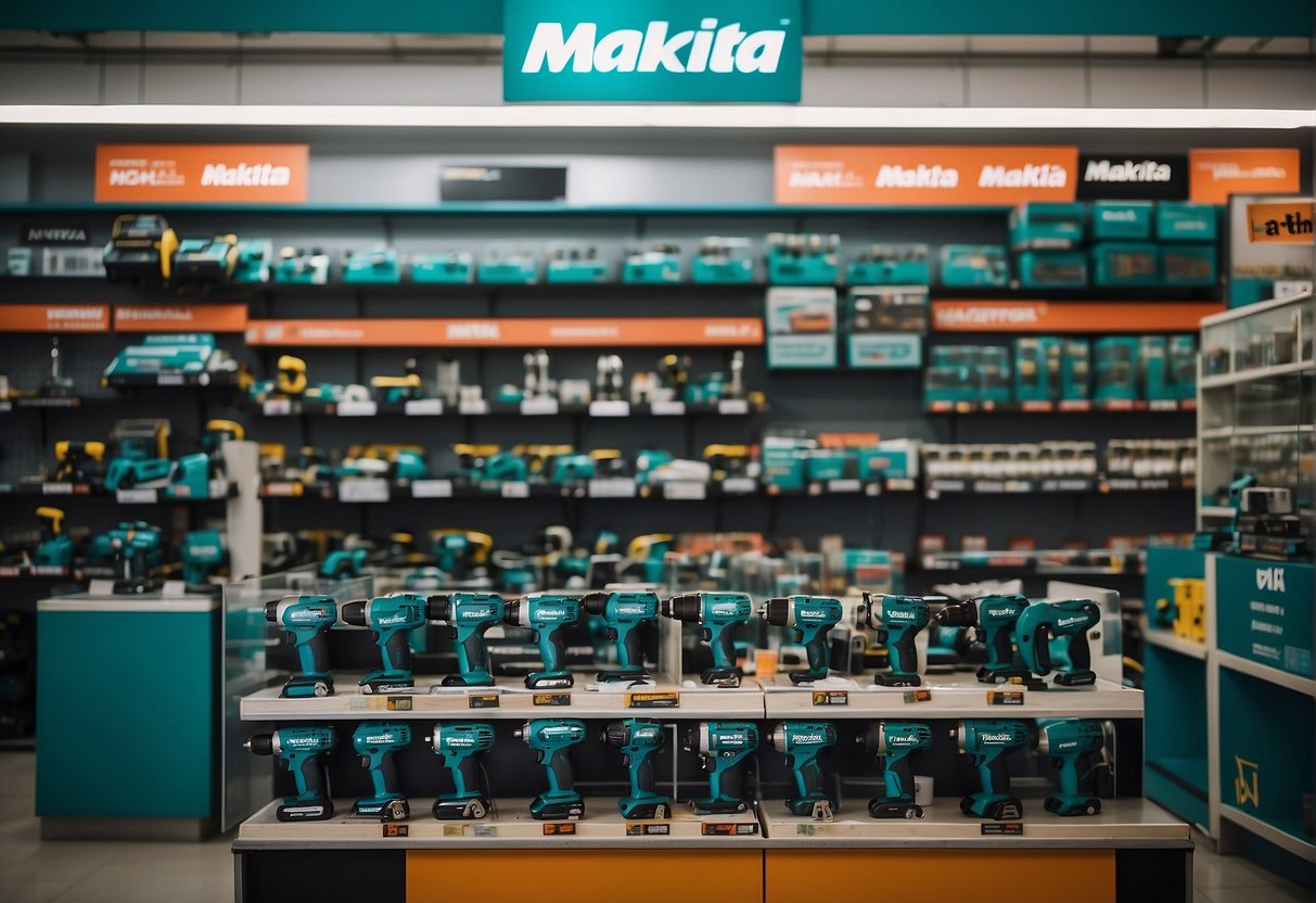 A display of Makita power tools and promotional banners in a Singaporean hardware store