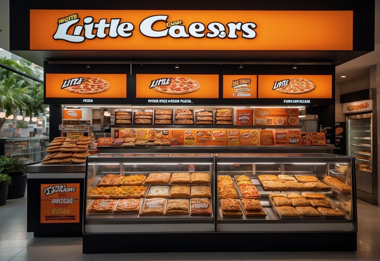 A colorful display of Little Caesars Pizza promotions in Singapore, featuring mouth-watering pizzas and enticing deals. Bright signage and attractive packaging draw in customers