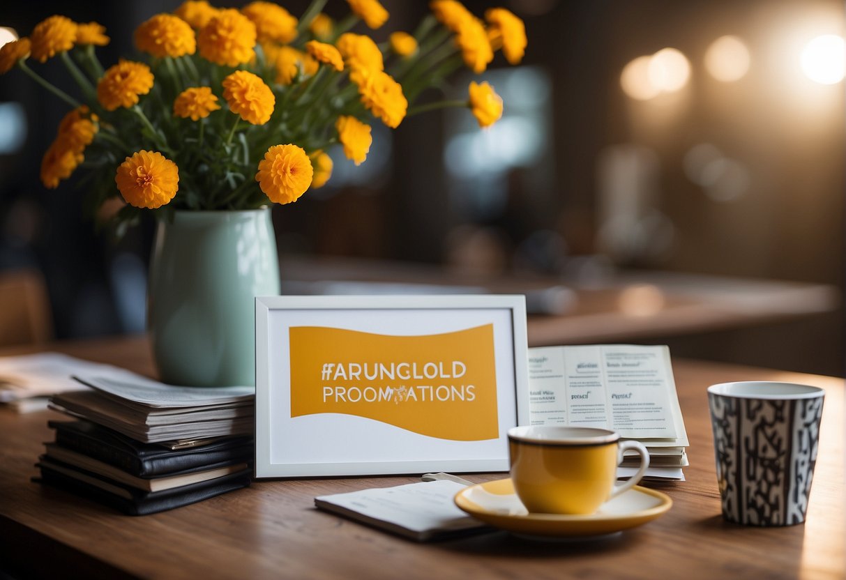 A table with promotional materials and a sign reading "Frequently Asked Questions Marigold Promotions Singapore."