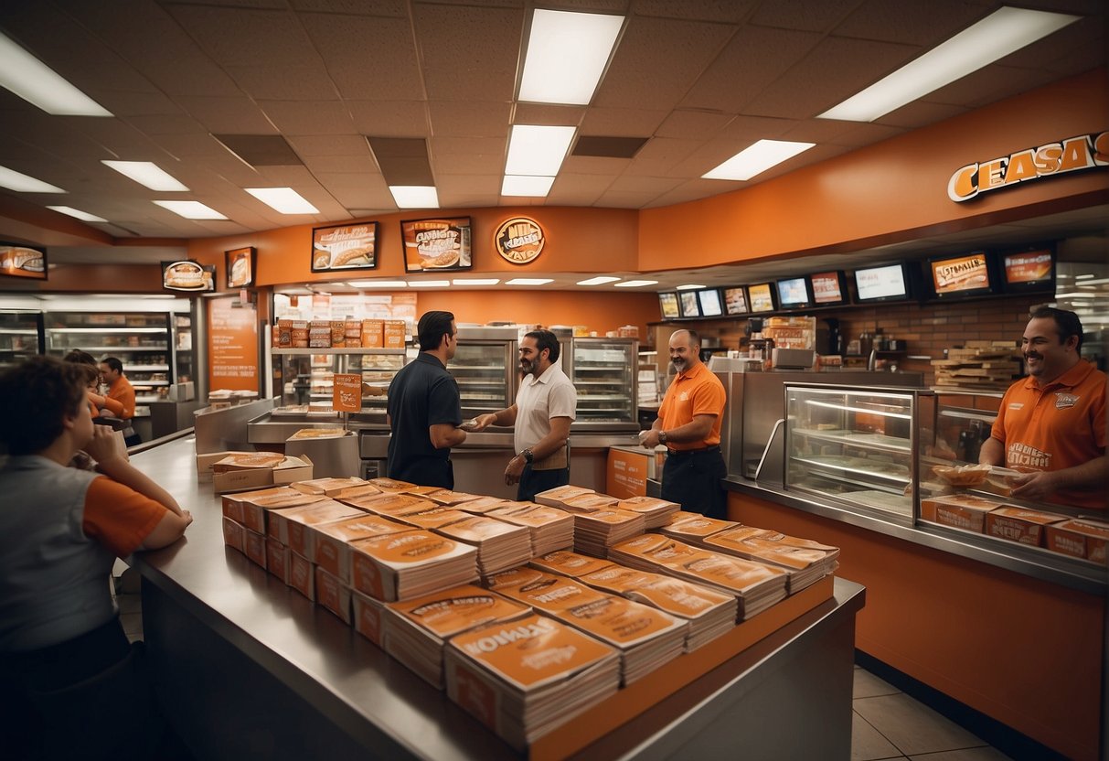 A crowded Little Caesars store with people enjoying promotions, holding pizza boxes and drinks, while staff members work efficiently behind the counter