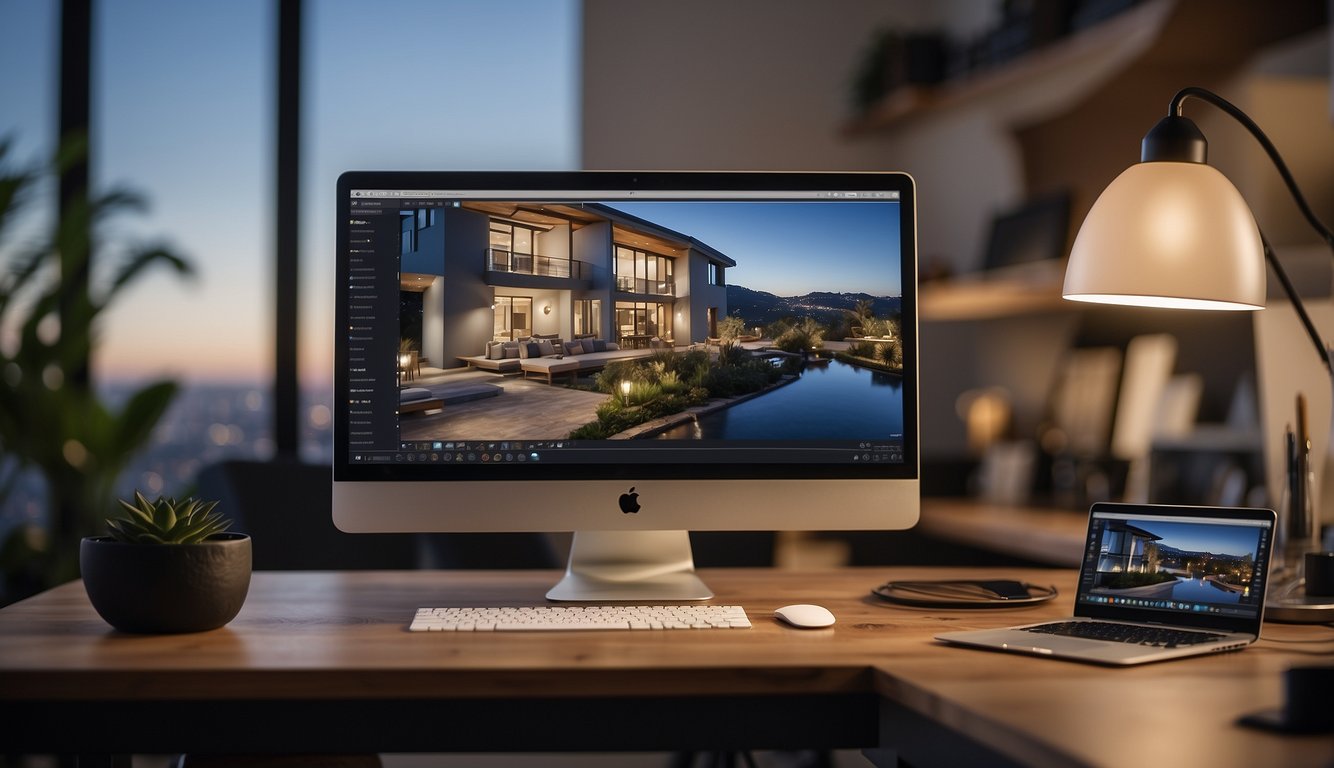 A computer screen displaying before and after real estate photos being edited with software tools, a desk with a camera and props in the background
