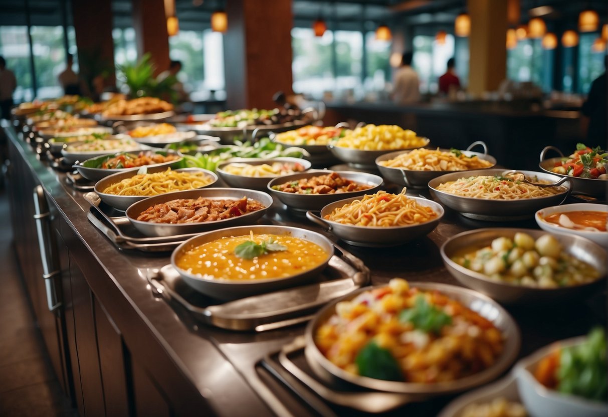 A colorful buffet spread with various dishes, signage promoting lunch promotions, and a bustling atmosphere in a Singapore restaurant