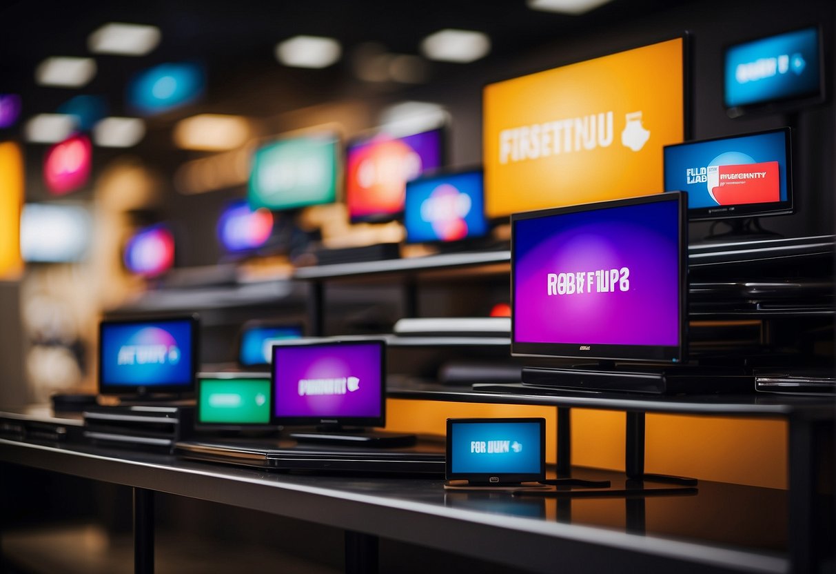 A stack of promotional flyers for LED TVs, with bold text "Frequently Asked Questions" in the foreground. Vibrant colors and modern design
