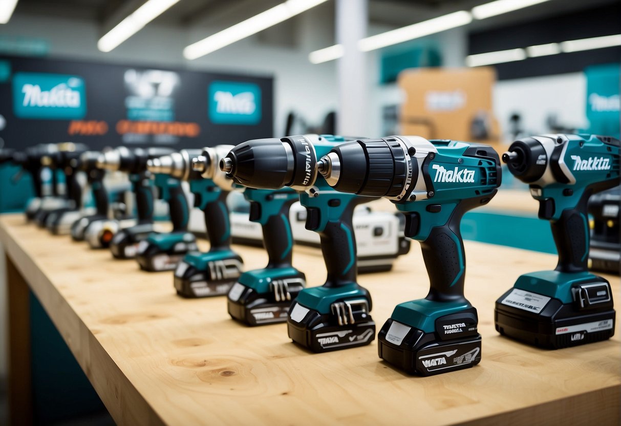 A group of Makita power tools displayed in a well-lit showroom with promotional banners and signage in the background